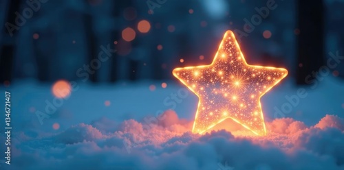 Twinkling star-shaped light bulb in a snowy scene, sparkle, glow, frozen
