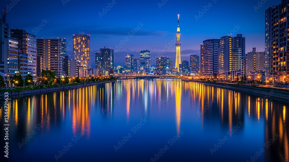 Fototapeta premium Spectacular Tokyo Skyline at Night Reflected in the Sumida River