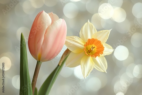 Obraz na płótnie Minimalist Tulip & Daffodil Duo, Tulips and daffodils w salonie
