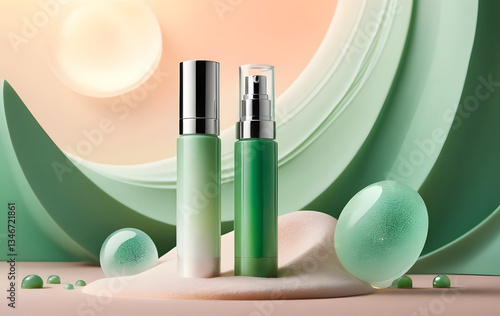 A photo of a sleek, modern skincare product standing elegantly amidst a psychedelic foamy landscape. The tube features a gradient of fresh green, symbolizing nature and purity, with delicate, handwrit
