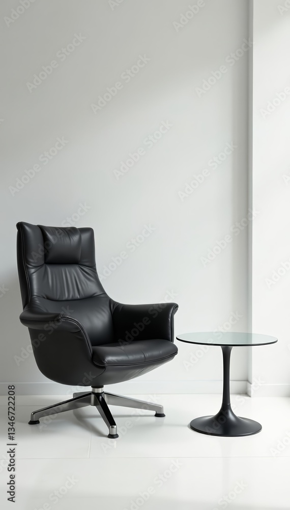 Sleek black armchair and glass table in minimalist style, interior, contemporary, design Sleek black armchair and glass table in minimalist style, interior, contemporary, design