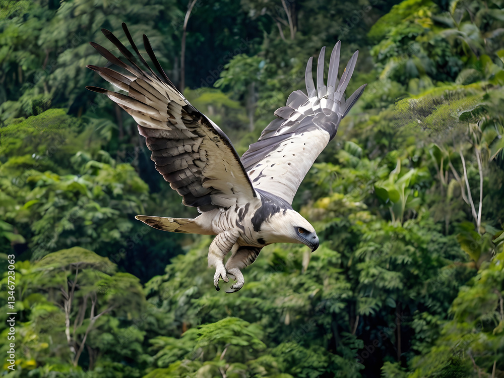 Obraz premium Majestic Flight: A harpy eagle soars gracefully above the lush canopy of a vibrant, tropical forest, its keen gaze focused on its prey in an action-packed scene