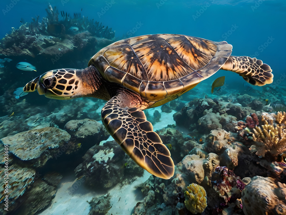 Obraz premium Ocean Dweller: An eye-level shot of a sea turtle gracefully glides through the crystal-clear turquoise waters above a vibrant coral reef, a symbol of the marine ecosystem. 