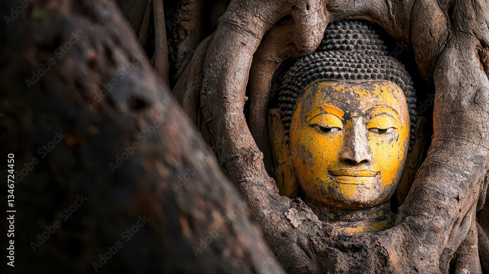 Fototapeta premium Mesmerizing Ancient Ruins with Buddha Head Enveloped by Roots in a Serene Landscape