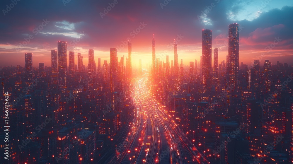 Fototapeta premium Futuristic city at sunset