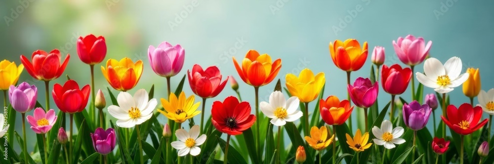 Fototapeta premium Assortment of different types of spring flowers in full bloom, blossoms, diversity