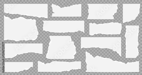 A collection of torn paper strips and ripped sheets with rough edges. Vector illustration of torn paper elements for banners, posters, and digital projects.