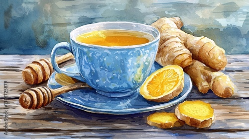 A watercolor illustration of a blue cup of tea with ginger and honey, garnished with orange slices on a rustic wooden surface.