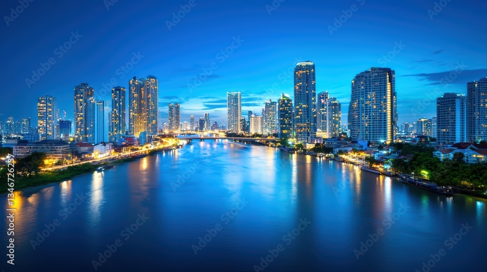 Obraz premium Vibrant Cityscape at Night with Illuminated Buildings and Reflective Water View