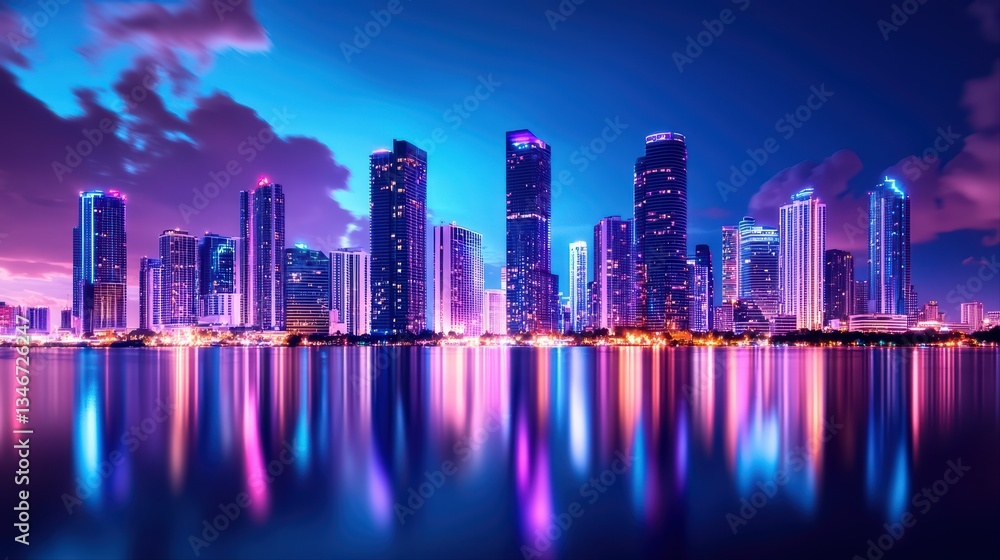 Fototapeta premium Vibrant Cityscape at Night with Colorful Reflections and Dynamic Skyline