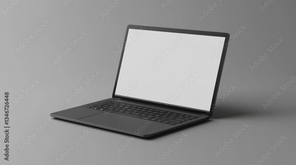 Sleek dark laptop with a blank white screen is displayed Sleek dark laptop with a blank white screen is displayed