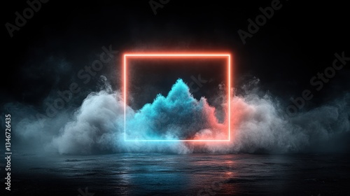 Neon square frame in smoke