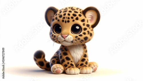 Adorable baby leopard cub with big eyes and playful tail in 3D art