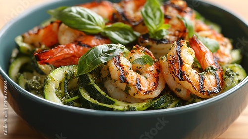 A vibrant dish featuring grilled shrimp atop a bed of zucchini noodles, garnished with fresh basil and a pesto sauce.