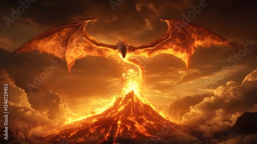 A radiant fire dragon soaring above an erupting volcano, lava and smoke swirling around it