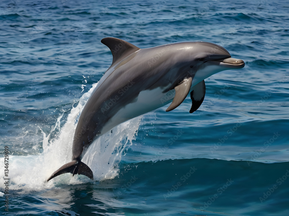Fototapeta premium Dolphin's Aerial Dance: A graceful dolphin leaps through the air above the ocean, showcasing its agility, and aquatic elegance against the backdrop of the sea.