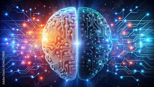 A futuristic fusion of a human brain and a digital neural network