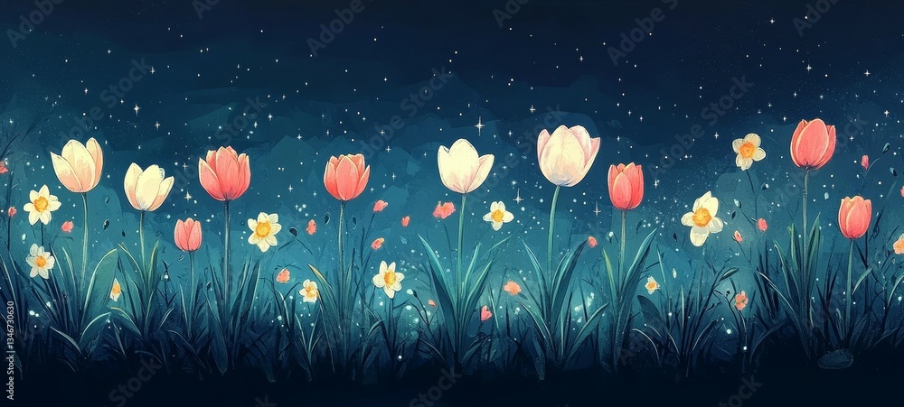 Whimsical Floral Fantasy, Tulips and daffodils