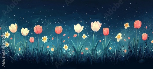 Obraz na płótnie Whimsical Floral Fantasy, Tulips and daffodils w salonie