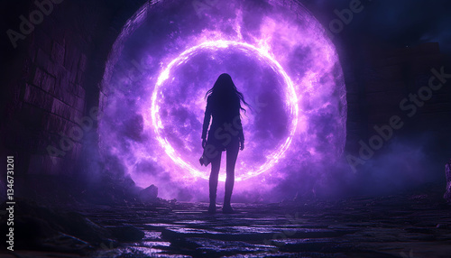 Woman standing before a glowing portal
