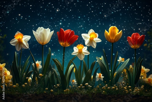 Whimsical Floral Fantasy, Tulips and daffodils