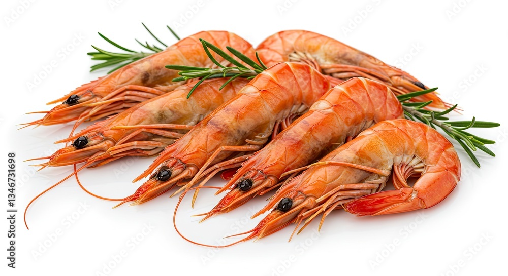 Fresh Cooked Shrimp with Rosemary Sprigs on White Background Fresh Cooked Shrimp with Rosemary Sprigs on White Background