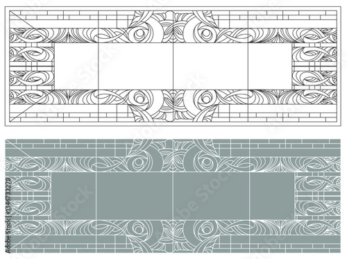 Vector elements. Blank for a classic stained-glass window with floral ornaments. Classic stained glass for a door or window