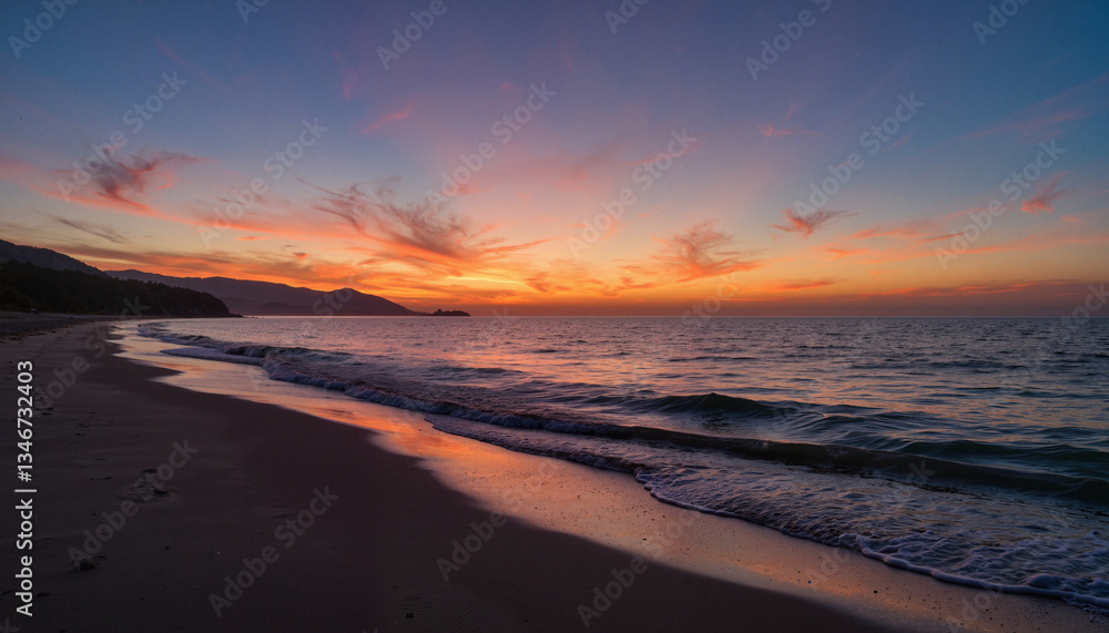 Serene sunset over calm ocean at beach, tranquility and reflection Serene sunset over calm ocean at beach, tranquility and reflection