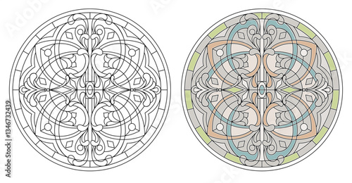 Vector elements. Blank for a classic stained-glass window with floral ornaments. Classic stained glass for a door or window