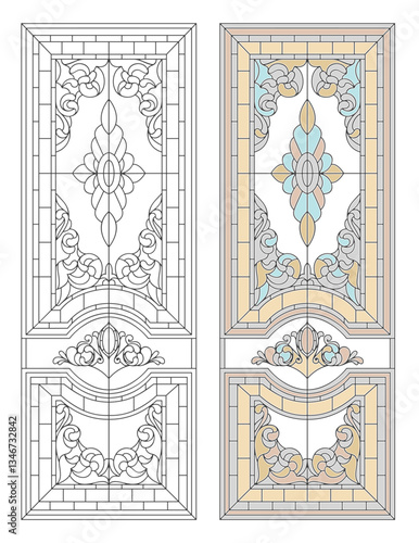 Vector elements. Blank for a classic stained-glass window with floral ornaments. Classic stained glass for a door or window