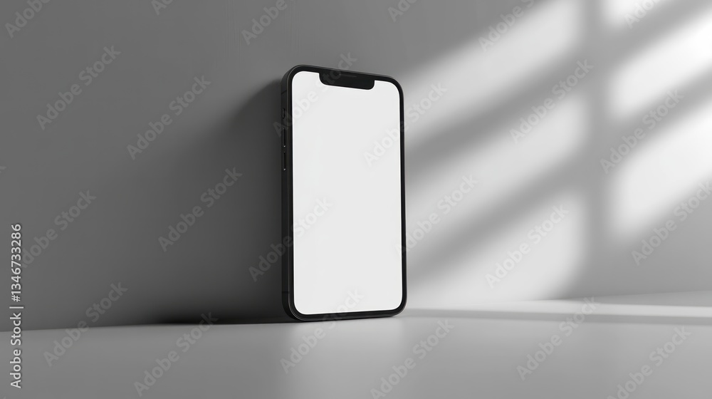 Black smartphone with blank white screen standing against wall Black smartphone with blank white screen standing against wall