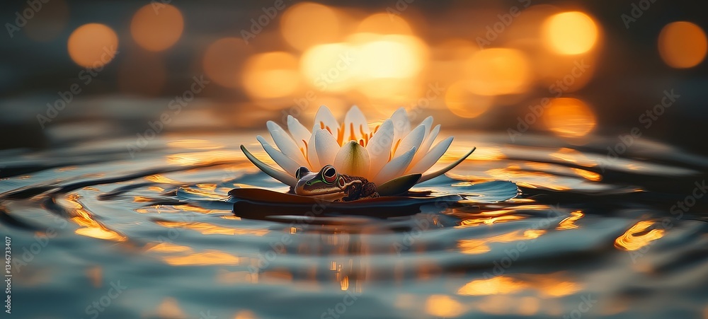Serene Pond at Dusk, Frog and lily pads