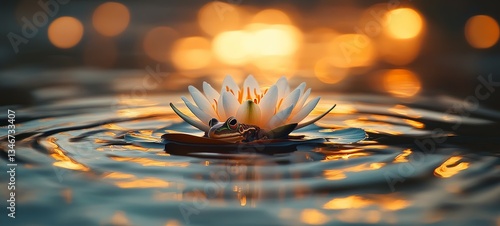 Serene Pond at Dusk, Frog and lily pads