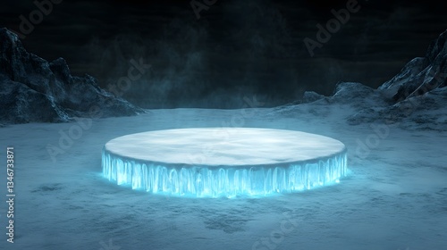 A frozen podium sculpted from ice and frost, glowing with an ethereal blue light in a snowy tundra.