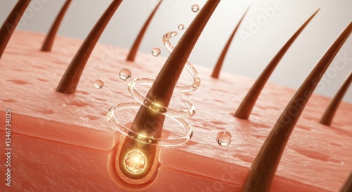 Microscopic View Of Hair Follicle With Treatment, Detailed 3D Rendering Of