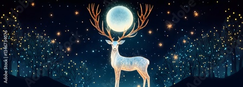 A mystical deer with crystalline antlers standing in a glowing ethereal forest under a full moon