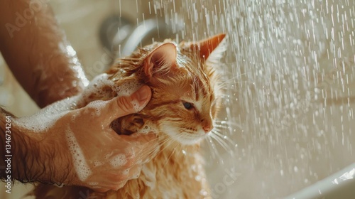 cat grooming. Funny cat taking shower or bath. Man washing cat. Pet hygiene concept. Wet cat.