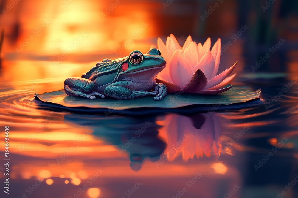 Serene Pond at Dusk, Frog and lily pads