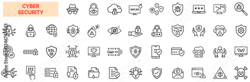 Cybersecurity & Data Protection Icon Set – Network Security, Firewall, Encryption, Hacking, Malware, Digital Privacy, Secure Login, Authentication, Cyber Threats, Online Safety