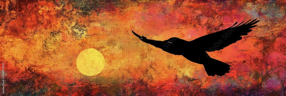 Fototapeta premium Bird silhouette soars through colorful sunset sky.