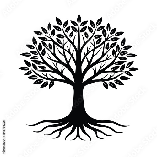 Black Tree of Life Illustration, Roots, Branches, Leaves, Nature