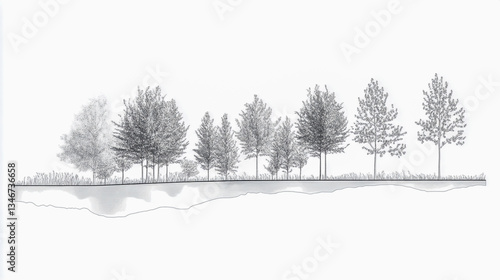 Minimalist architectural CAD-style tree line drawings, side view