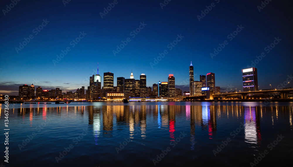 Fototapeta premium Futuristic city skyline illuminated by night reflections, urban beauty