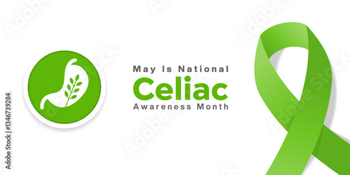 May is National Celiac Awareness Month. Stomach, wheat and ribbon. Great for posters, banners, social media and more. White background.