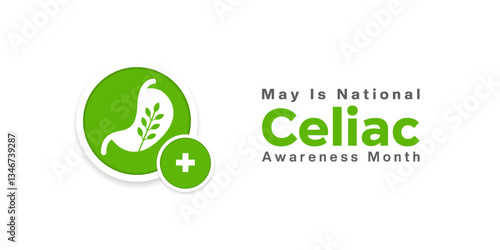 May is National Celiac Awareness Month. Stomach, wheat and plus icon. Great for posters, banners, social media and more. White background.