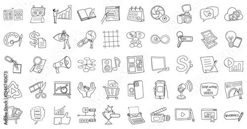 collection of hand drawn icons representing various aspects of content creation, including writing, photography, and social media