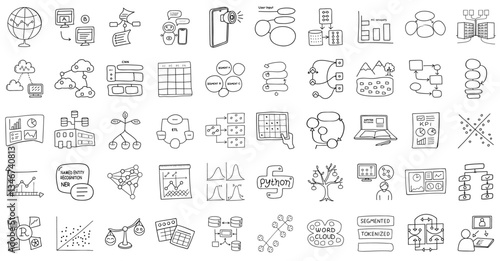 collection of hand drawn data science icons including charts, graphs, and algorithms