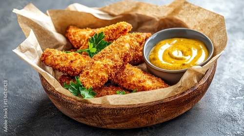 Crispy Fried Chicken Strips with Mustard Sauce and Fresh Greens