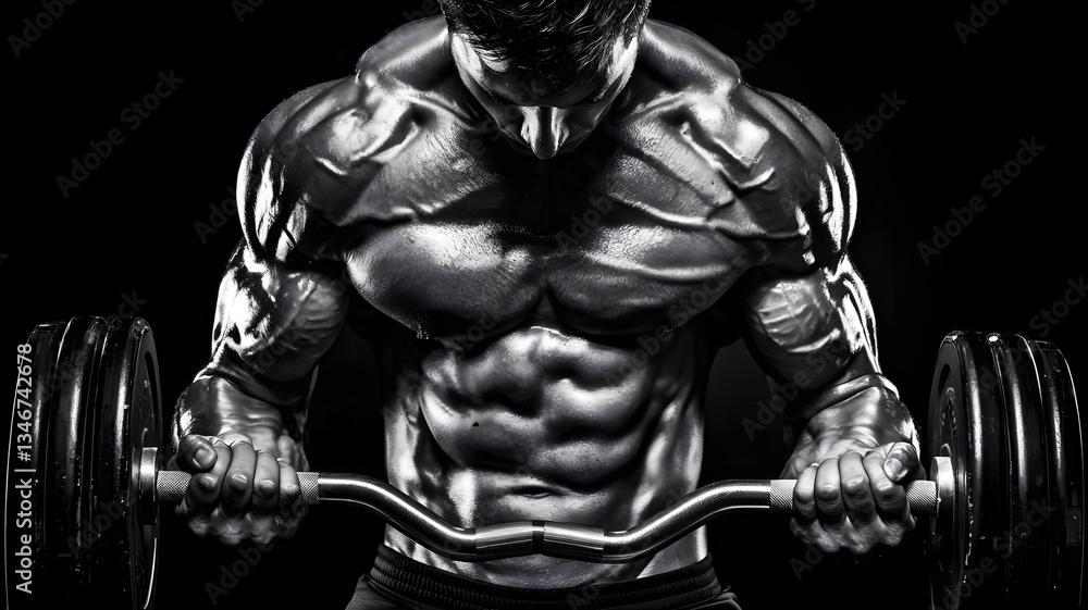 Fototapeta premium Muscular athlete lifting a barbell in a dramatic lighting setup, showcasing strength and determination