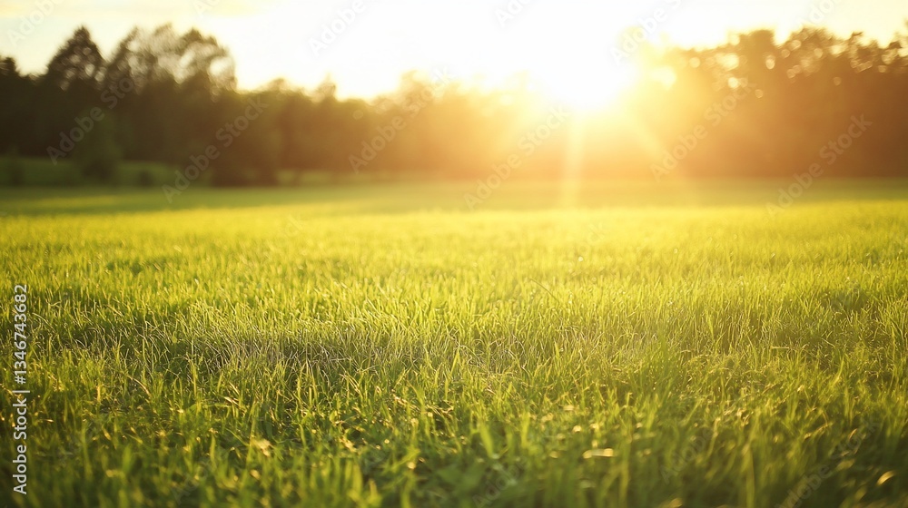 Fototapeta premium Golden hour over vast green field with trees silhouetted against the sun